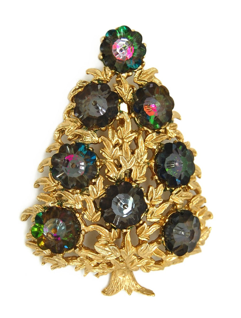 LJM Deep Purple Rivoli Crystal Christmas Tree Vintage Figural Costume Brooch