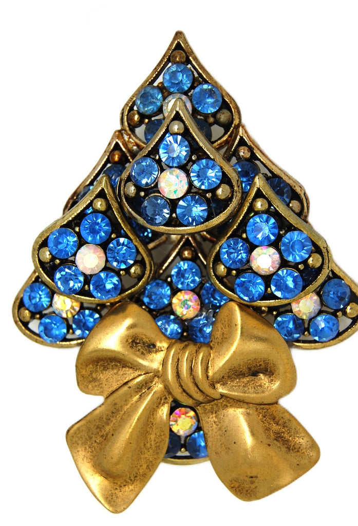 Massive Blue Bow Unique Vintage Rhinestone Christmas Tree Vintage Figural Brooch