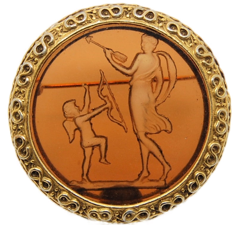 Goldette Dark Amber Translucent Angel & Cupid Circle Vintage Figural Pin Brooch