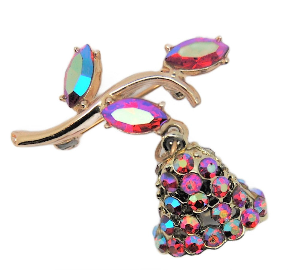 Dodds Ruby AB Rhinestones Dangle Christmas Bell Vintage Brooch