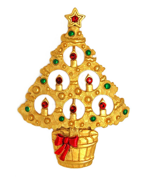 JJ Gold Tone Open Work Candle Christmas Tree Vintage Figural Brooch