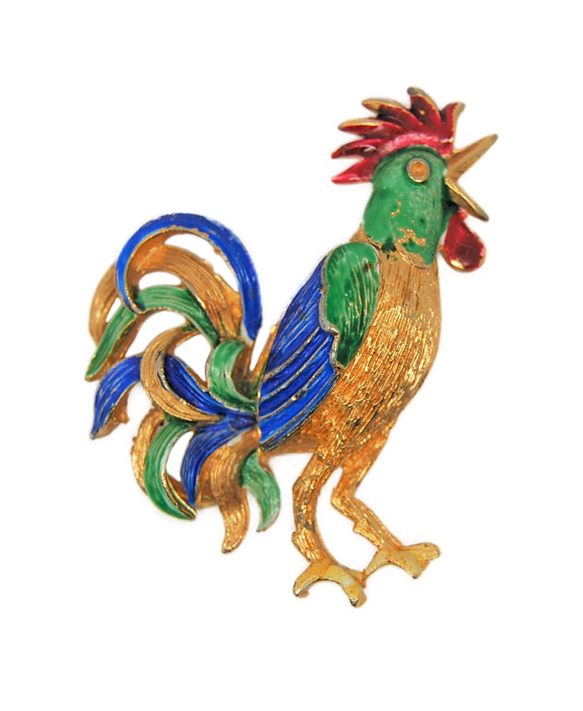 Mandle Crowing Rooster Enamel Gold Tone Vintage Figural Pin Brooch