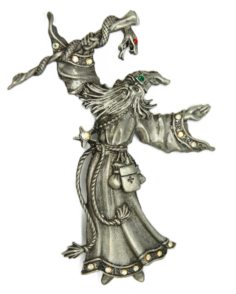 JJ Wizard Snake Staff AB Rhinestones Vintage Figural Brooch