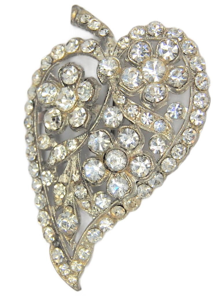 Creative Craft Floral Leaf Rhinestone Pot Metal Vintage Figural Pin Brooch - 1930s