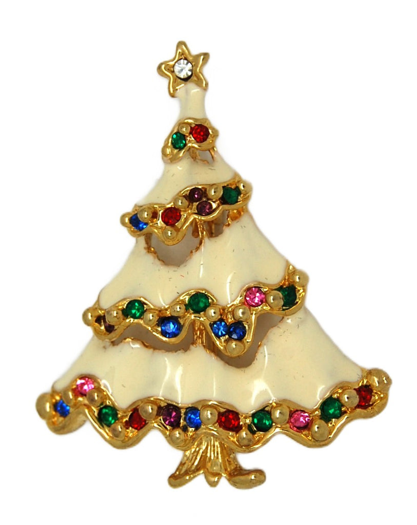 Christmas Cream White Flow Enamel Garland Tree Vintage Figural Brooch