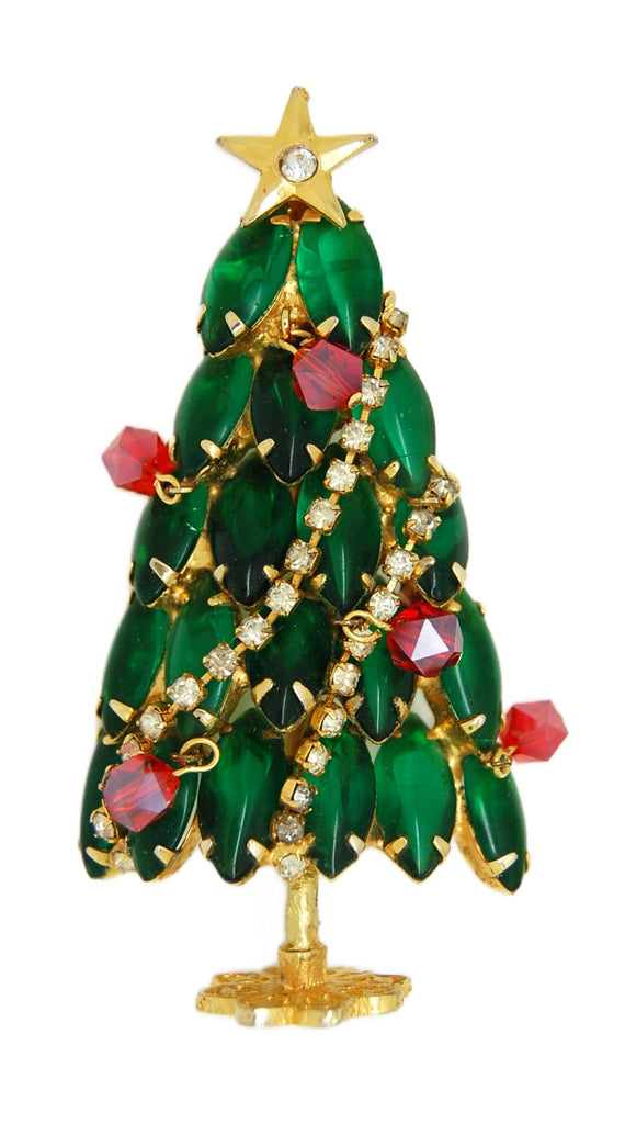 Christmas Green Navettes Garland Rhinestones Stand-Up Tree Vintage Figural Brooch
