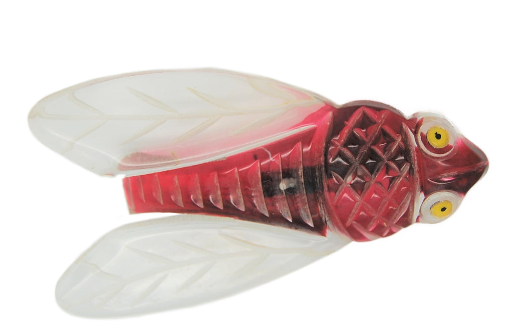 Lucite Burgundy Carved Cicada Insect Vintage Figural Costume Brooch