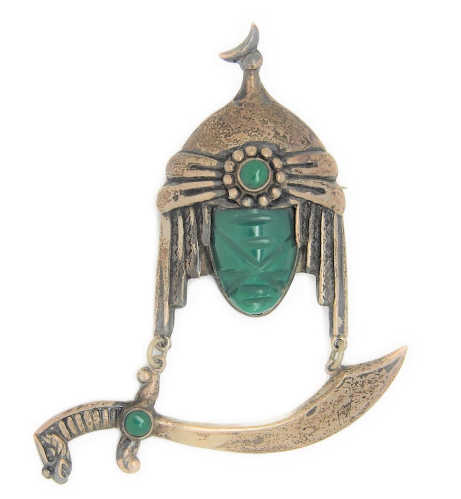Sterling Mexico Warrior Celluloid Dangling Vintage Figural Costume Brooch