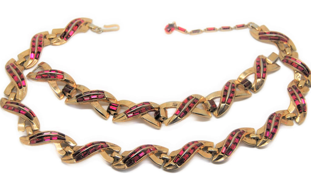 Trifari Ruby & Gold Vintage Necklace & Bracelet Set 1950s