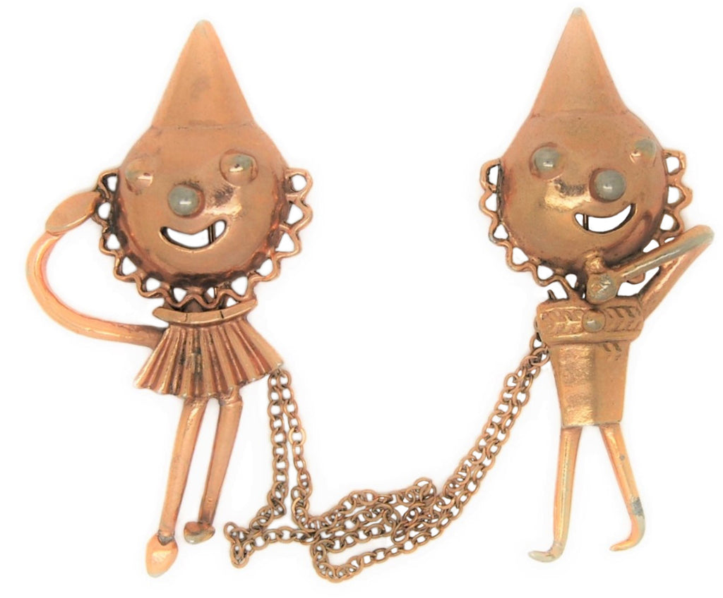 Longcraft Lampl Puppet Couple WW2 Chatelaine Vintage Figural Brooch Set
