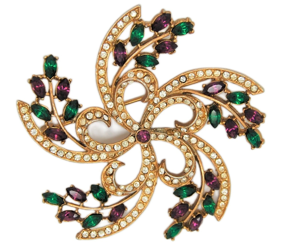 Swirling Starburst Gold Plated Rhinestone Vintage Costume Figural Pin Brooch