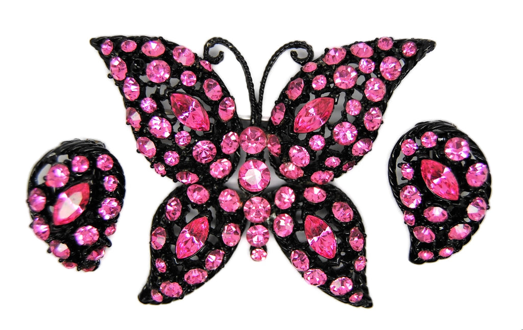 Weiss Butterfly Demi Sparkling Fuchsia Vintage Figural Earrings & Brooch