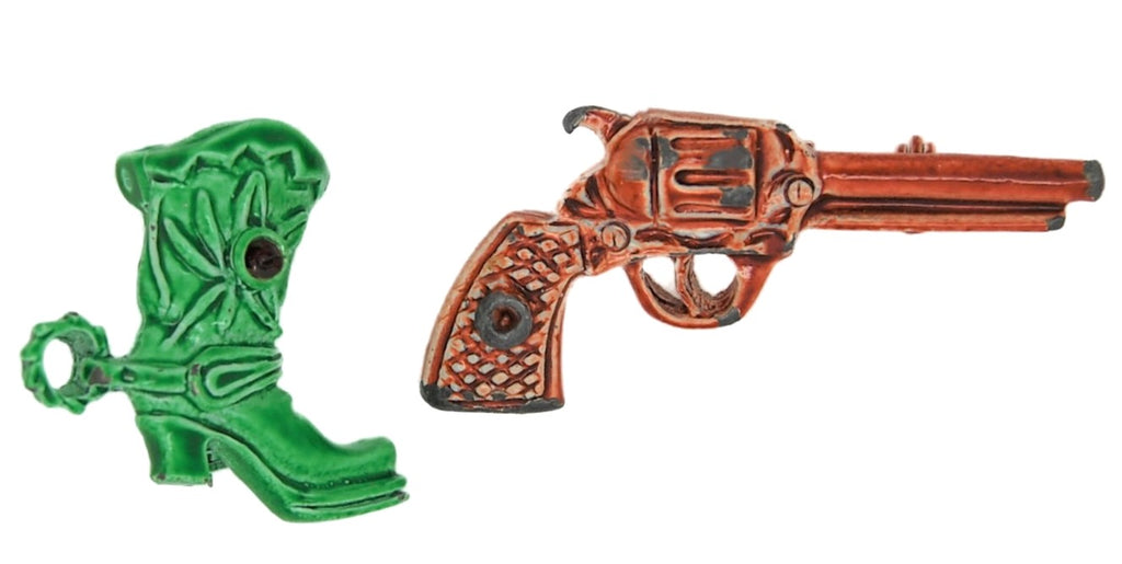 Gerrys Cowboy Boot & Revolver Scatter Enameled Vintage Figural Brooch Set.