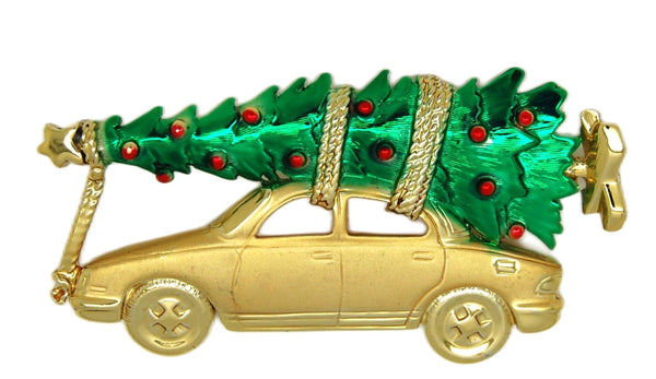 AJC Christmas Retro Car Green Christmas Tree Vintage Figural Brooch