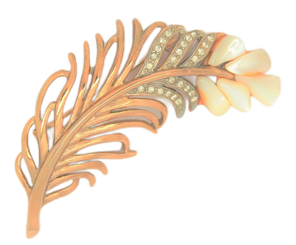 Mandle Gold Plate Rhinestone MOP Feathered Leaf Costume Figural Pin Brooch
