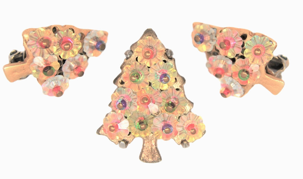 Christmas Tree Crystal Rivoli Vintage Pin Brooch with Rare Clip Earrings Set