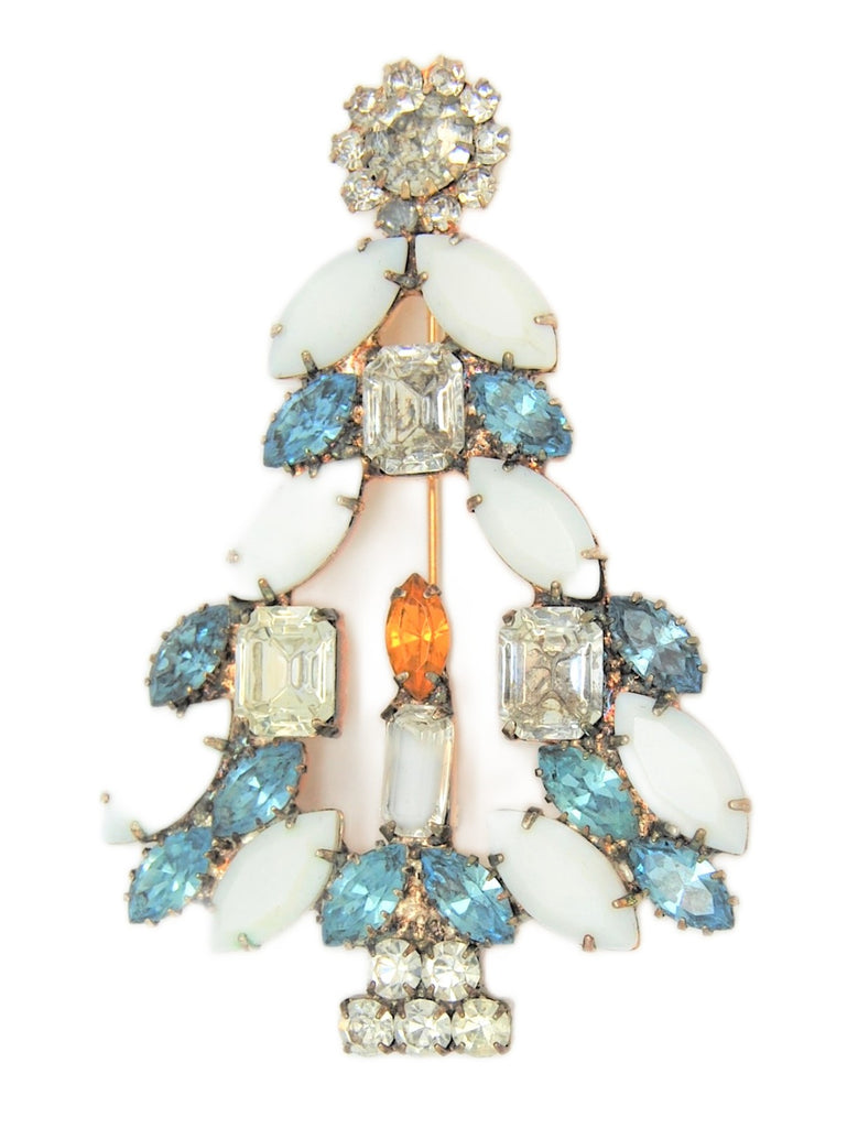 RON Baby Blue & Milk Glass Candle Christmas Tree Vintage Figural Brooch