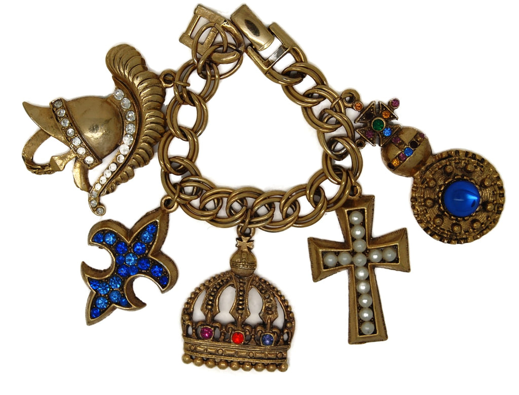 Royal Crown Cross Helmet Fleur de Lis Charms Vintage Figural Bracelet