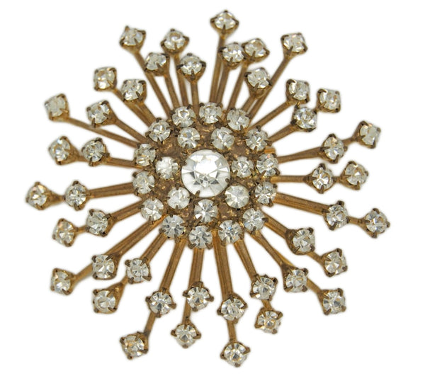 Beau Starburst Snowflake Pin Wheel Icy Rhinestones Vintage Figural Pin Brooch