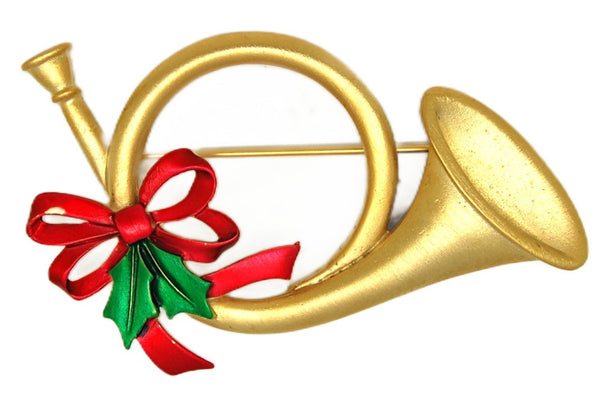 JJ Christmas Red Ribbon Trumpet Horn Vintage Figural Brooch