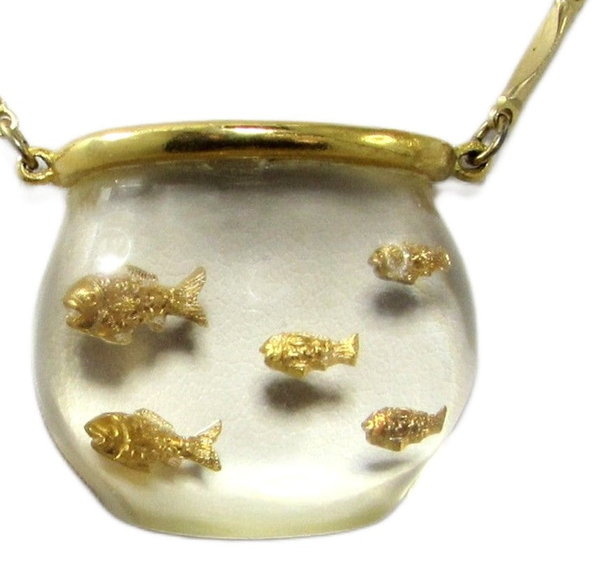 Castlecliff Lucite Goldfish Bowl Gold Plate Pendant Vintage Figural Necklace
