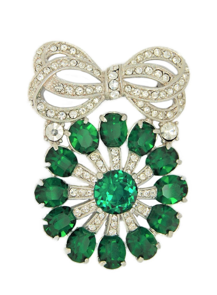 Eisenberg Ice Bow Green Rhinestones Rhodium Vintage Figural Pin Brooch