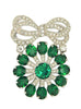Eisenberg Ice Bow Green Rhinestones Rhodium Vintage Figural Pin Brooch