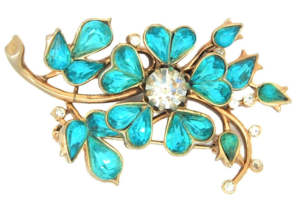 Pennino Blue Stone Floral Hearts Gold Plate Vintage Figural Pin Brooch
