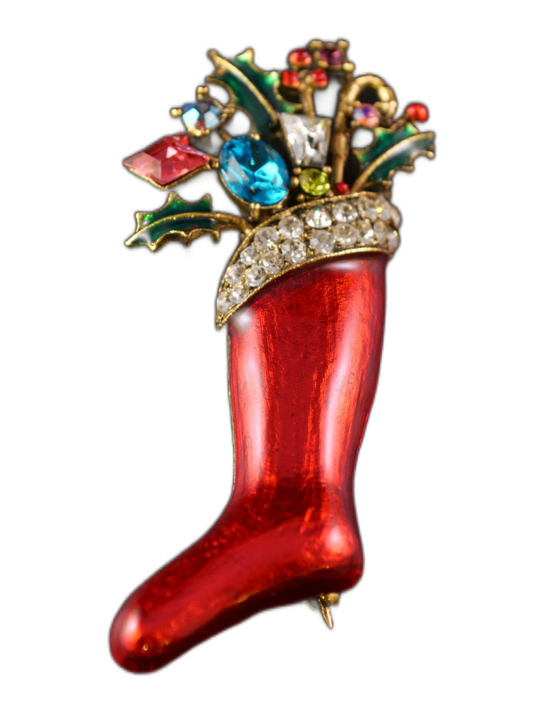 Weiss Red Christmas Holiday Stocking Vintage Figural Brooch