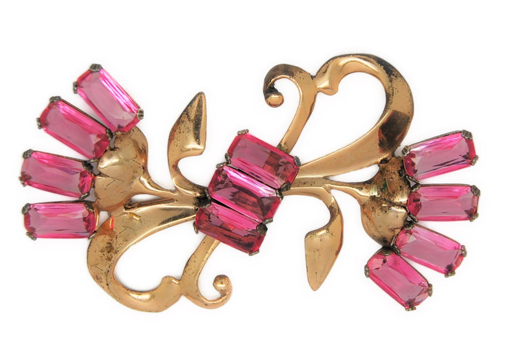 Sterling Silver Floral Scrolls Pink Glass Stones Vintage Figural Pin Brooch