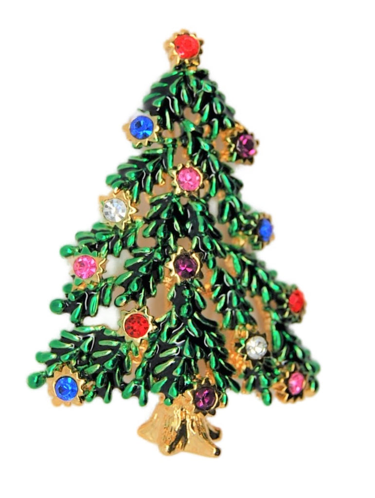 Christmas Tree Green Enamel Branch Needles Rhinestones Figural Brooch - 1990s