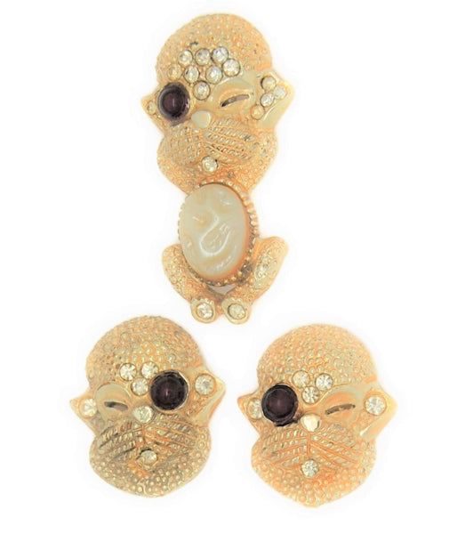 Adorable Winking Cat Faux Pearl Vintage Figural Pin Brooch & Earring Set