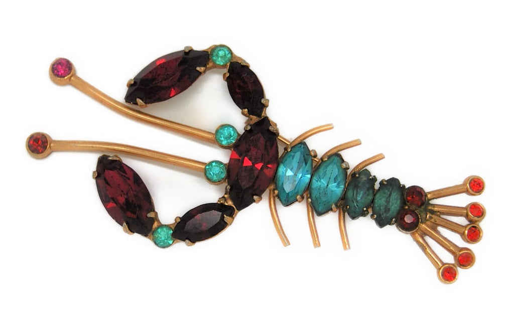 Coro Adolph Katz Multi-Color Rhinestone Lobster Vintage Figural Pin Brooch