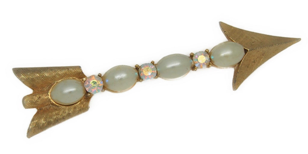 Coro Brushed Gold Pearls & AB Rhinestones Arrow Vintage Figural Brooch