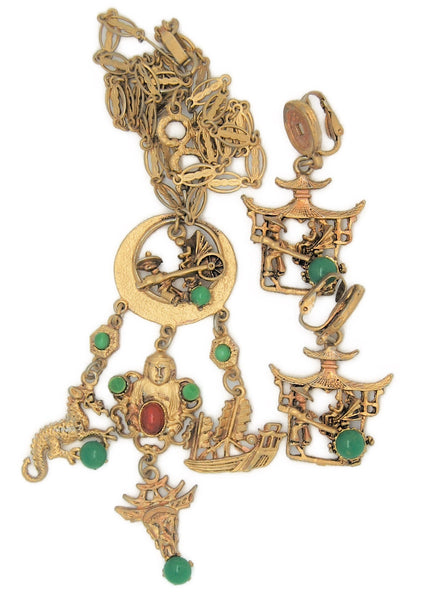 ART Buddha Temple Dragon Asian Charm Vintage Figural Necklace Earrings Set