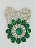 Eisenberg Ice Bow Green Rhinestones Rhodium Vintage Figural Pin Brooch
