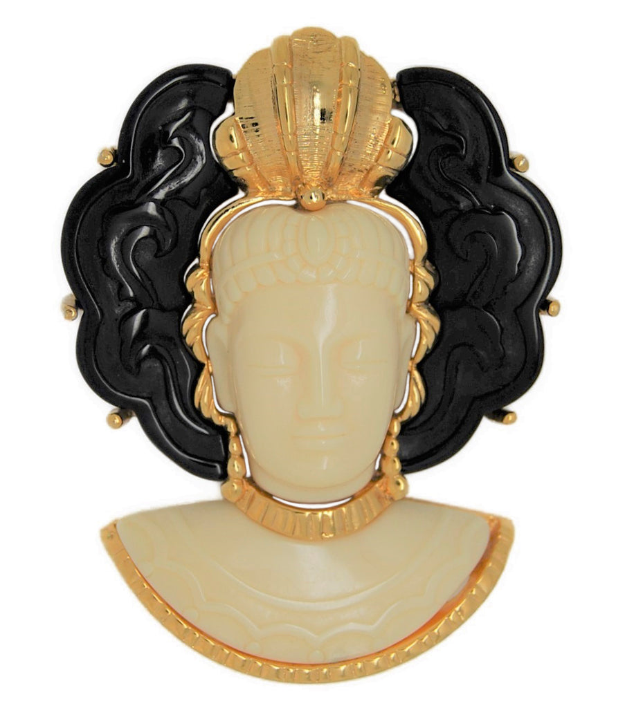 Carnegie Asian Queen Empress Lucite Vintage Figural Pin Brooch