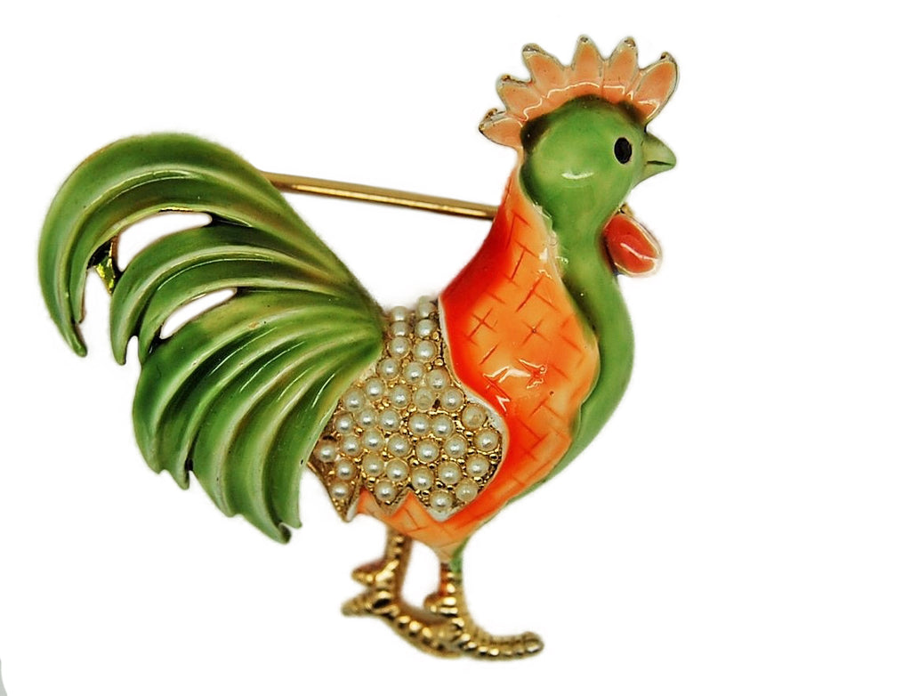 CFW Rooster Enamel & Pearl Vintage Figural Pin Brooch