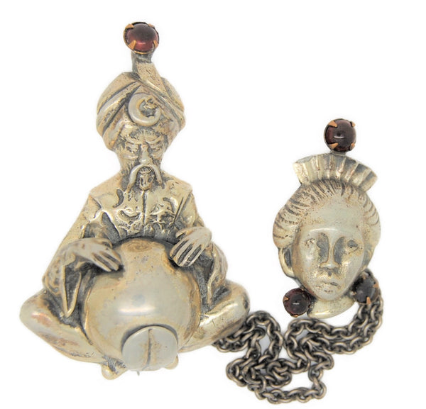 Ali Baba & Queen Morgiana Sterling Silver Vintage Chatelaine Figural Pin Brooch Set