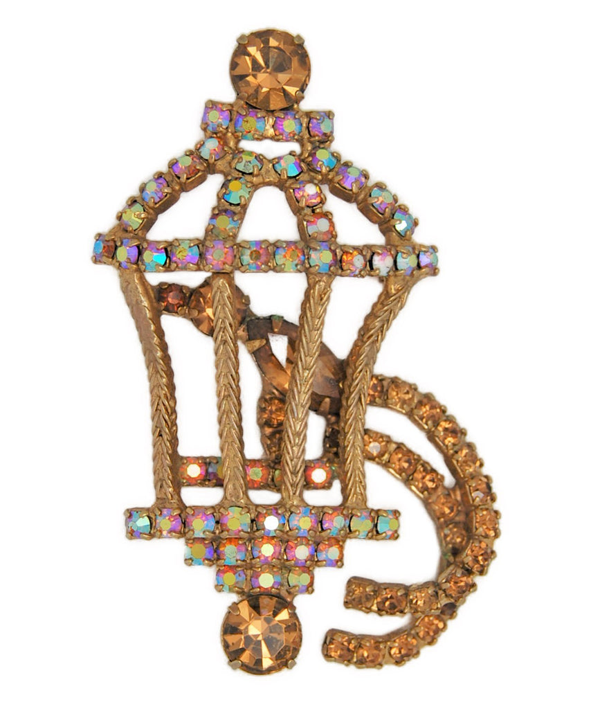 Hobe AB Rhinestone Bird in Birdcage Vintage Figural Pin Brooch