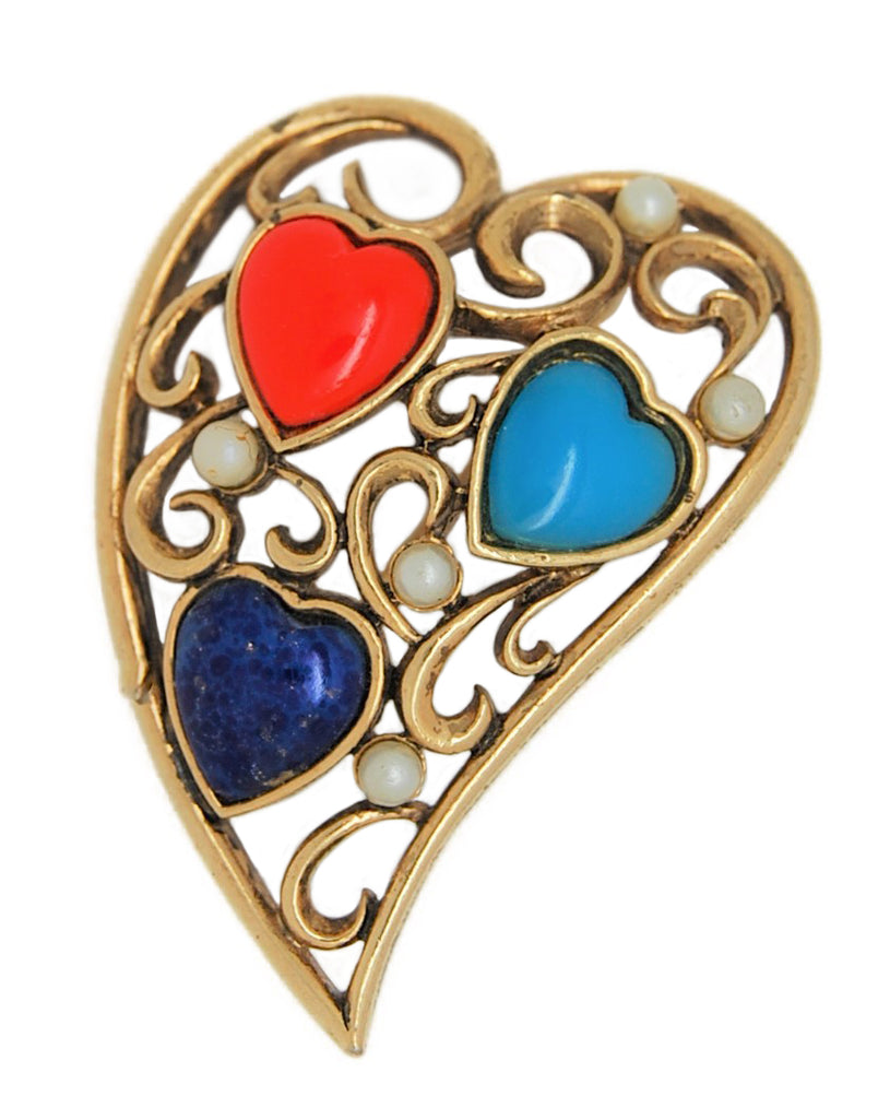 Hearts & Pearls Triple Heart Stones Vintage Figural Pin Brooch
