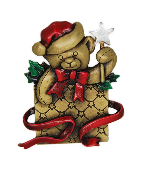 JJ Jonette Christmas Teddy Bear Present Vintage Figural Pin Brooch