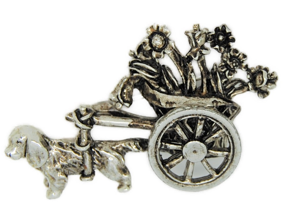 Lampl Dog Powered Flower Cart Vintage Figural Pin Brooch