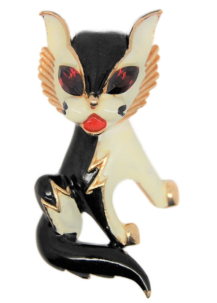 Tradition Black & White Enamel Kitty Cat Fox Vintage Figural Brooch