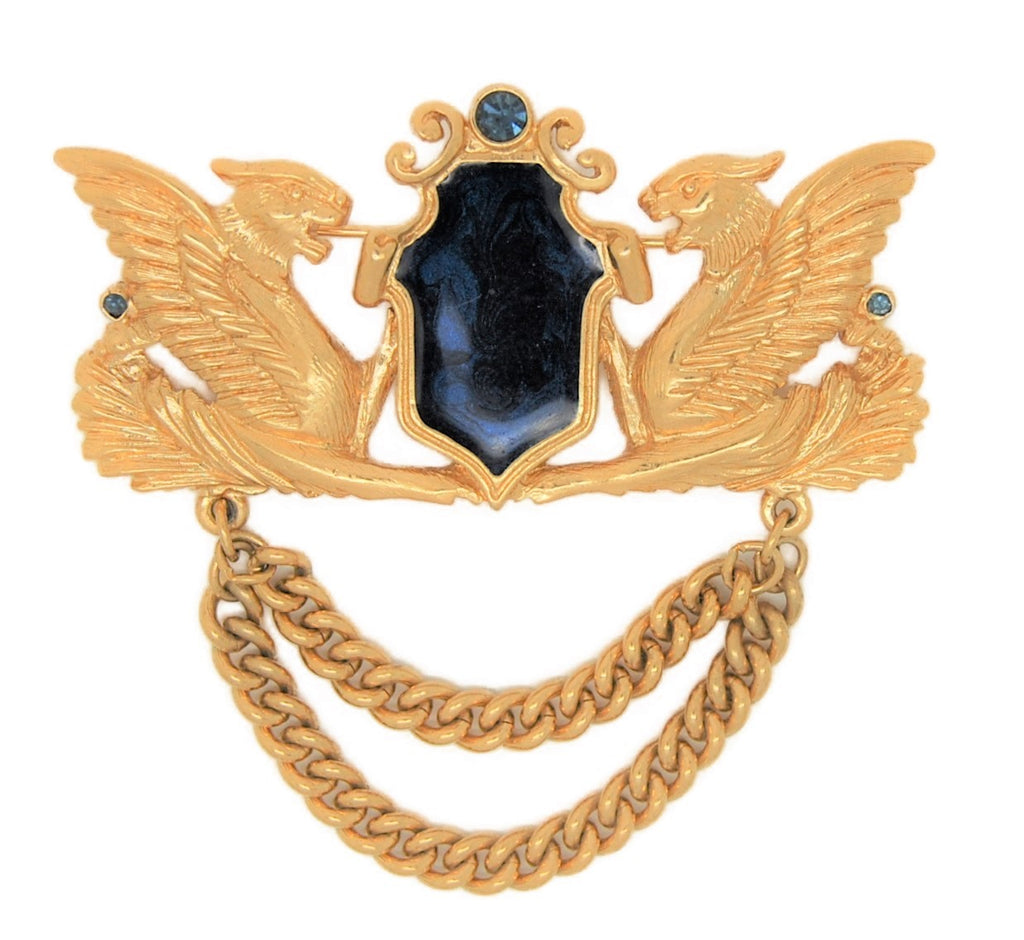 Trifari Double Griffin Dragon Shield Dangle Vintage Figural Pin Brooch
