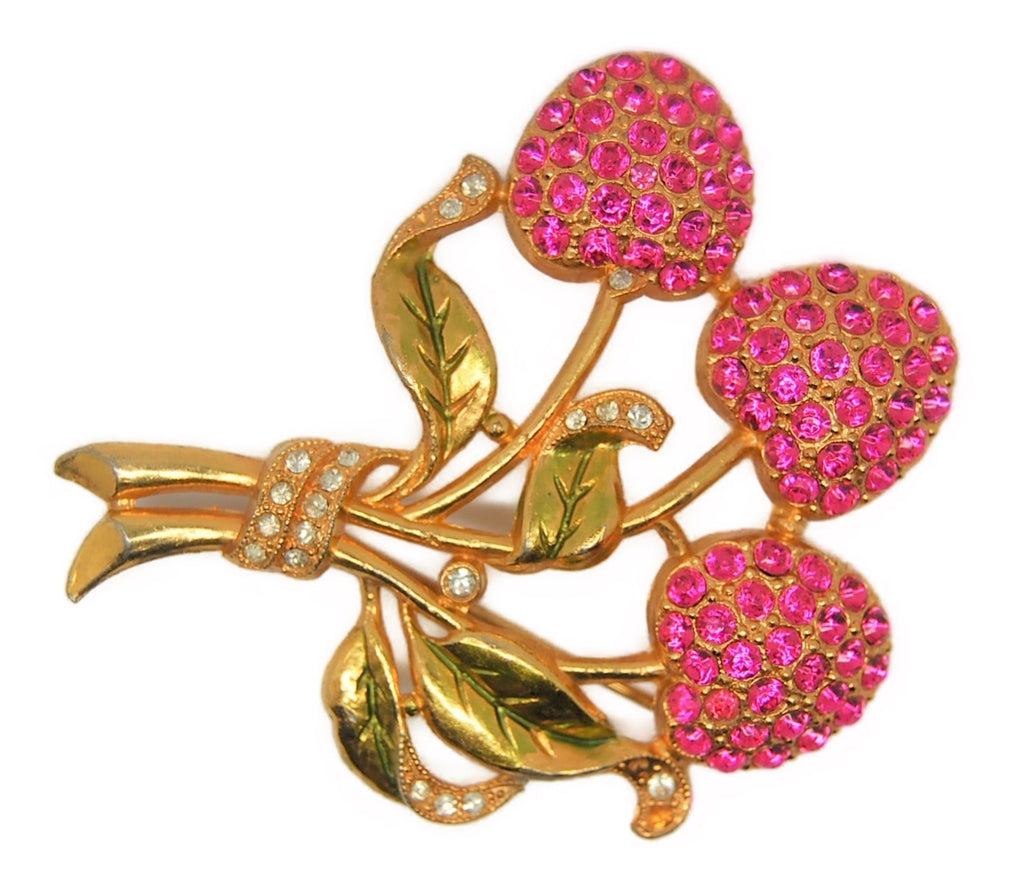 DuJay Jomaz Copy Cherry Rhinestones Enamel Vintage Figural Brooch