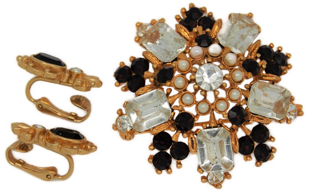 Lisner Ruby Red Pearls & Ice Vintage Starburst Pin Brooch & Earrings