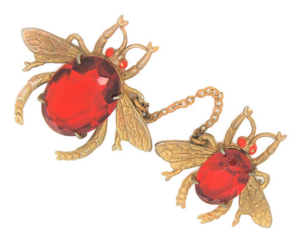 Antique Faceted Glass Red Belly Insects Chatelaine Figurals Pin Brooch Set