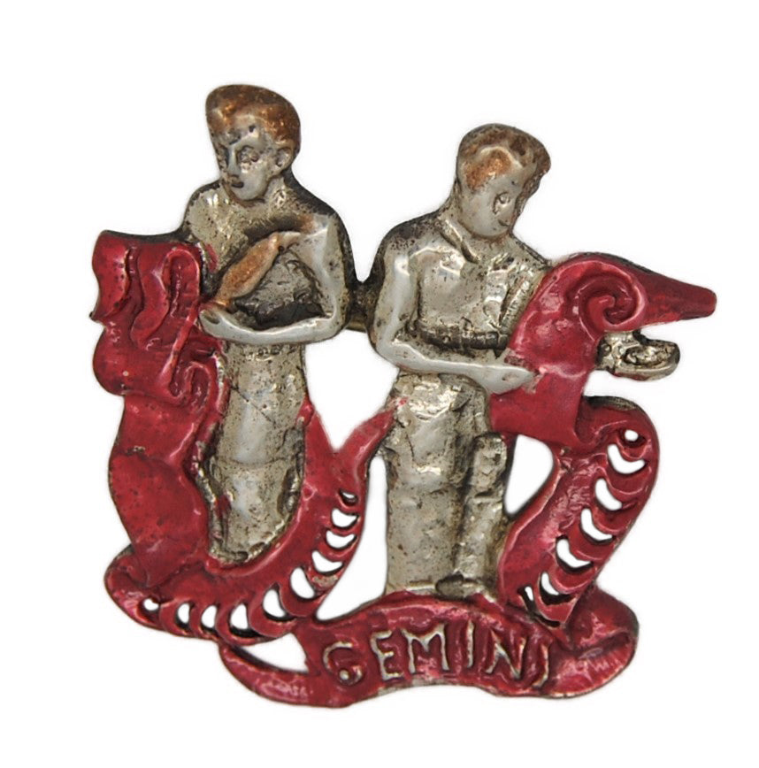 Lang Sterling Zodiac Gemini Enamel Vintage Figural Pin Brooch