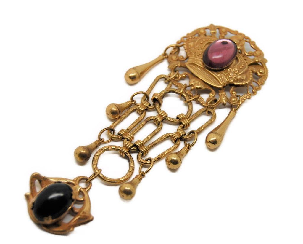 Royal Crown Purple Stones Gold Plate Chatelaine Dangle Vintage Pin Brooch